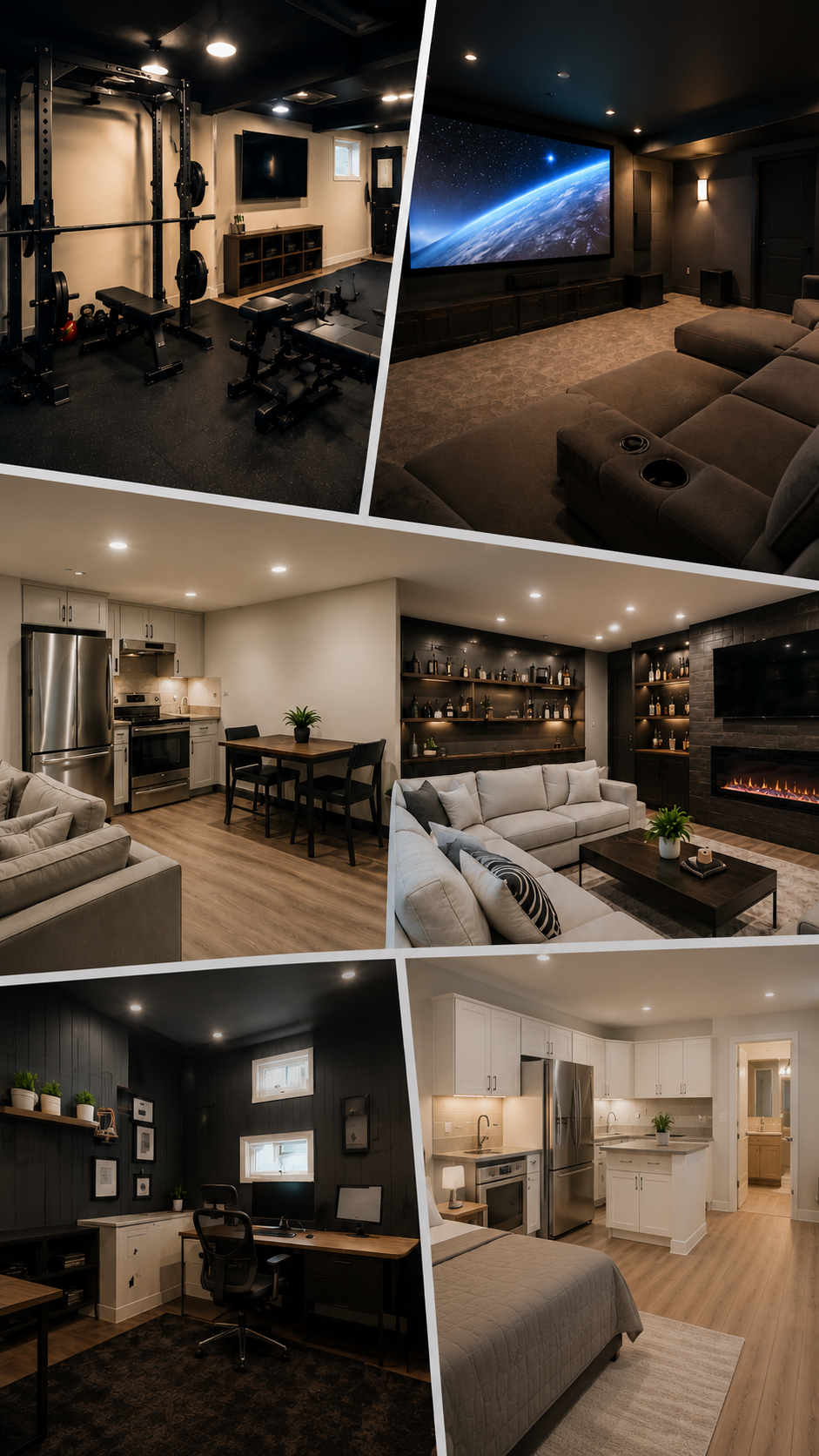 Collage of finished basement transformations for mobile viewing
